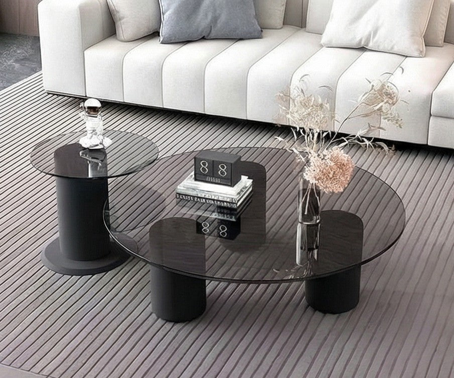 BAYTONA MX136 Modern Dark Tempered Glass Coffee Table Set of 2 – Round Minimalist Tables with Matte Black Metal Base