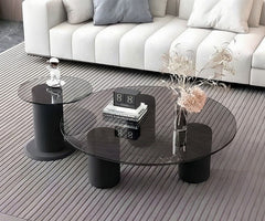 BAYTONA MX136 Modern Dark Tempered Glass Coffee Table Set of 2 – Round Minimalist Tables with Matte Black Metal Base