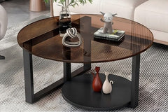 BAYTONA MX131 Modern Round Smoked-Glass Coffee Table with Storage Shelf – Black Metal Base
