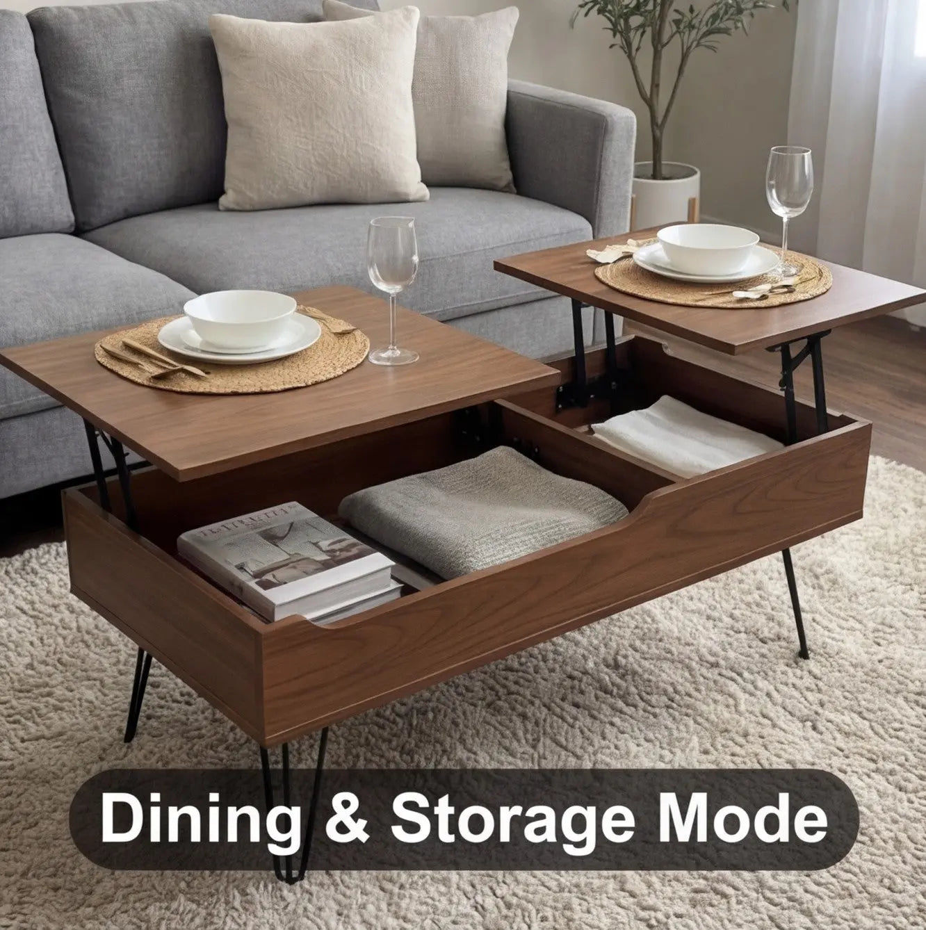 BAYTONA MX101 DUAL Modern Lift-Top Coffee Table with Hidden Storage & Hairpin Legs – Walnut Wood Finish Baytona