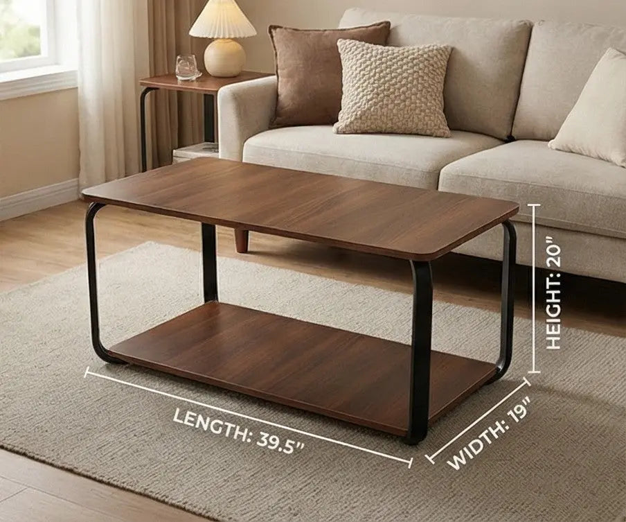 BAYTONA CF004 Modern Walnut Coffee Table with Black Metal Frame & Two-Tier Storage Baytona