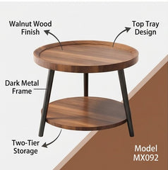 BAYTONA MX092 Round Walnut Two-Tier Side Table with Tray Top & Metal Frame