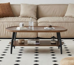 BAYTONA MX110 Modern Oval Walnut Coffee Table with Lower Storage Shelf – Black Metal Legs