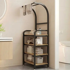BAYTONA MX097 4-Tier Bathroom Storage Shelf with Towel Rack – Metal Frame & Wood Shelves Baytona