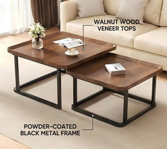 BAYTONA MX109 Modern Walnut Nesting Coffee Table Set – Walnut Veneer Tops & Black Metal Frame