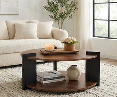 BAYTONA MX156 Modern Round Wood Coffee Table with Two-Tier Storage – Dark Walnut Finish Baytona