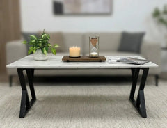 BAYTONA MX124 Modern White Marble Coffee Table with Geometric Black Metal Legs Baytona