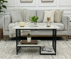 BAYTONA MX025 Modern White Marble Coffee Table with Black Metal Frame & Lower Storage Shelf Baytona