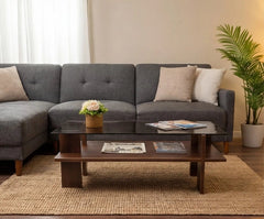 BAYTONA MX150 Modern Tempered Glass Coffee Table with Wood Base & Storage Shelf Baytona