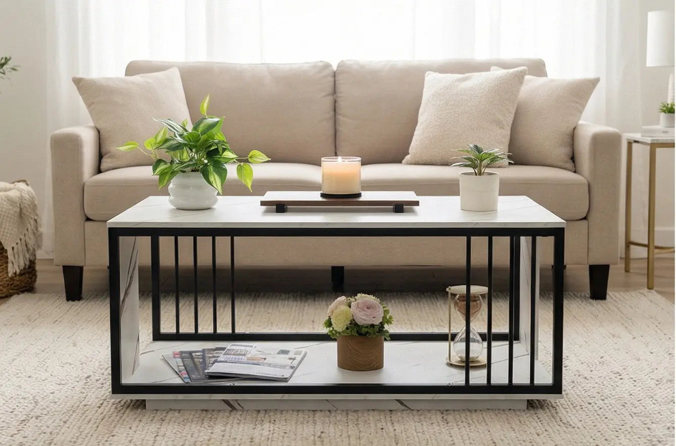 BAYTONA MX054 Modern White Marble Coffee Table with Open Storage Shelf & Black Metal Accents Baytona