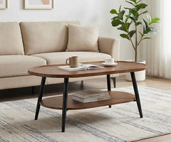 BAYTONA MX110 Modern Oval Walnut Coffee Table with Lower Storage Shelf – Black Metal Legs Baytona