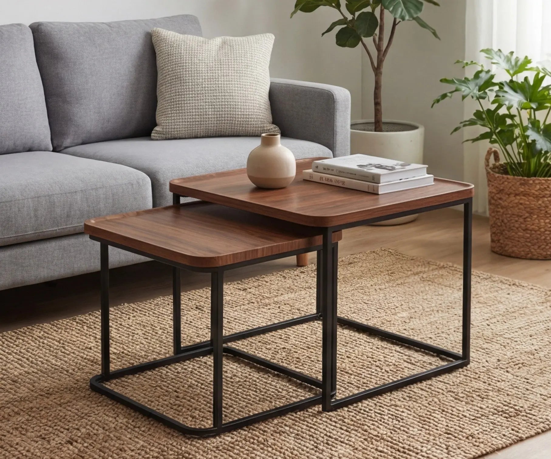BAYTONA MX109 Modern Walnut Nesting Coffee Table Set – Walnut Veneer Tops & Black Metal Frame Baytona