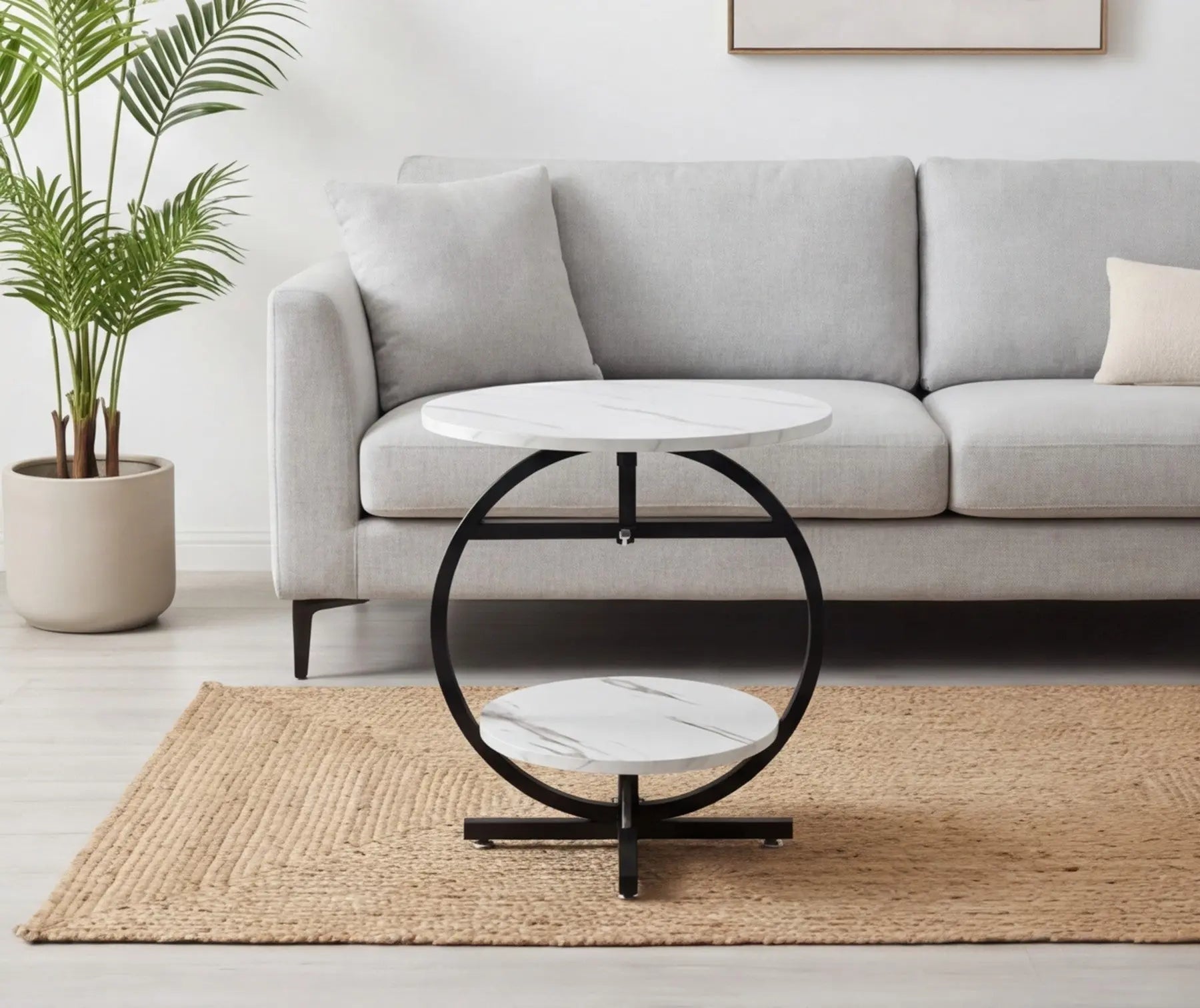 BAYTONA MX061 Modern Round Accent Table – Two-Tier Marble Look Top with Black Metal Circle Frame Baytona
