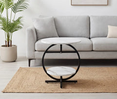 BAYTONA MX061 Modern Round Accent Table – Two-Tier Marble Look Top with Black Metal Circle Frame Baytona