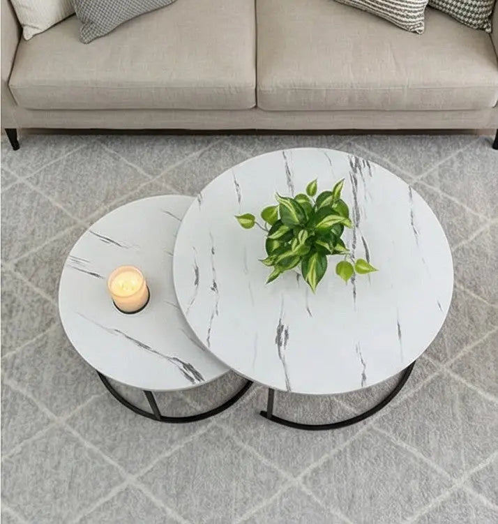 BAYTONA MX118 2-Piece Modern White Marble Look Nesting Coffee Table Set with Black Metal Base Baytona