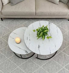 BAYTONA MX118 2-Piece Modern White Marble Look Nesting Coffee Table Set with Black Metal Base Baytona