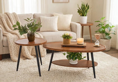 Living room with a wooden coffee table, side tables, and potted plants.