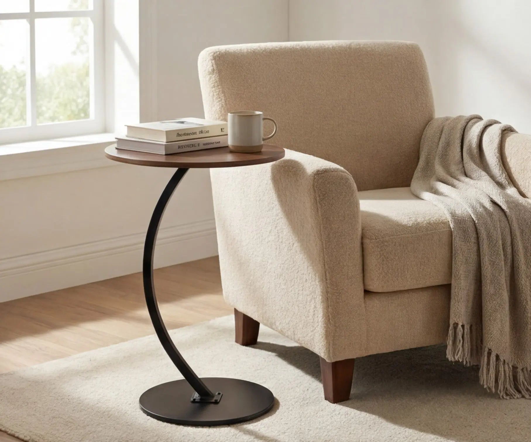 BAYTONA MX089 Modern Walnut Finish Round Side Table with Curved Black Metal Frame Baytona