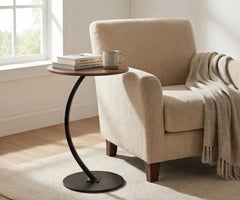 BAYTONA MX089 Modern Walnut Finish Round Side Table with Curved Black Metal Frame Baytona