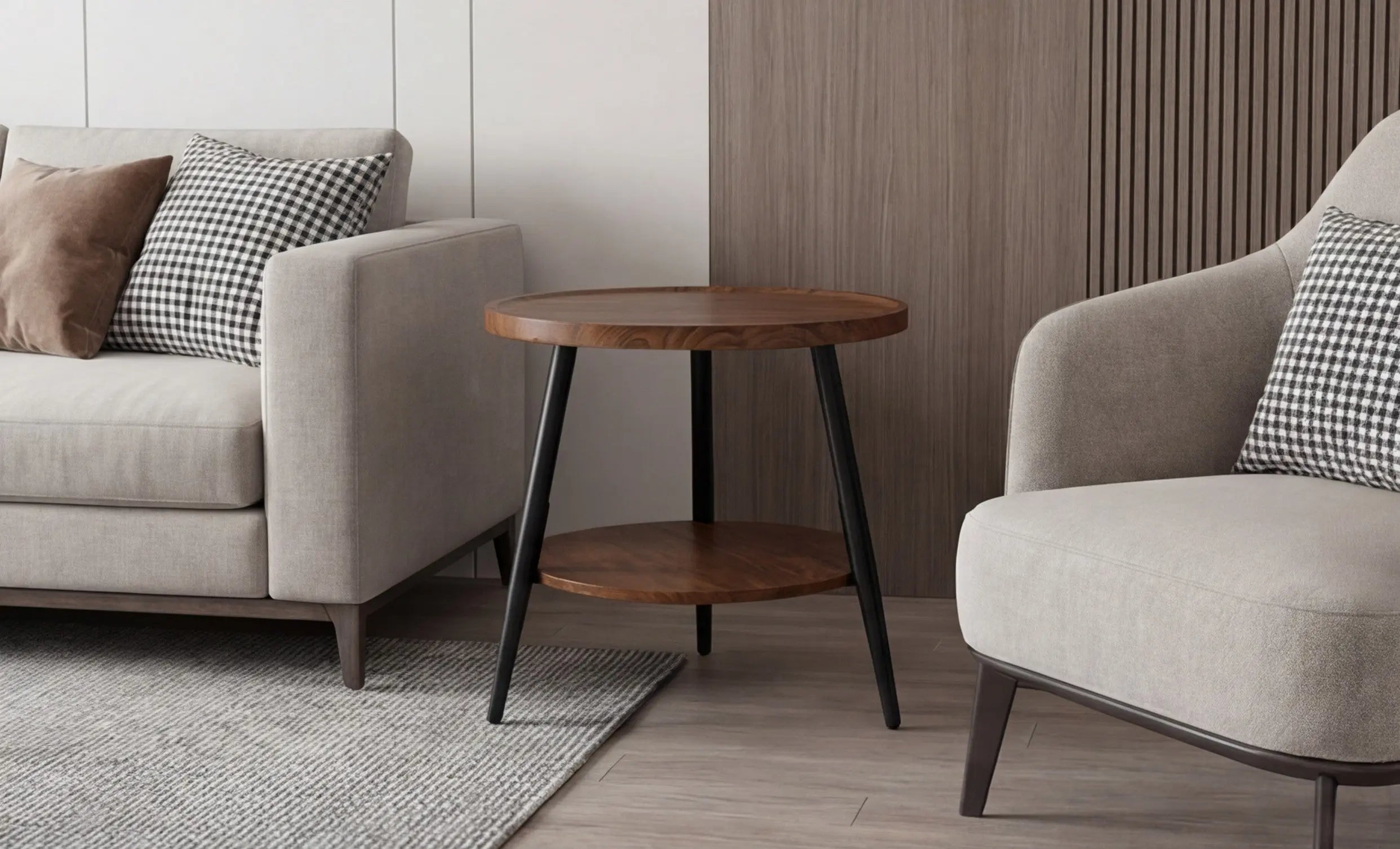 BAYTONA MX092 Round Walnut Finish Two-Tier Side Table with Tray Top & Metal Frame Baytona