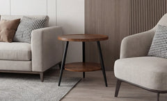 BAYTONA MX092 Round Walnut Finish Two-Tier Side Table with Tray Top & Metal Frame Baytona