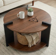 BAYTONA MX156 Modern Round Wood Coffee Table with Two-Tier Storage – Dark Walnut Finish Baytona