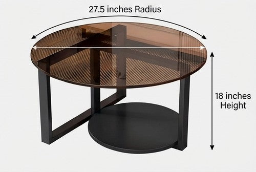 BAYTONA MX131 Modern Round Smoked-Glass Coffee Table with Storage Shelf – Black Metal Base