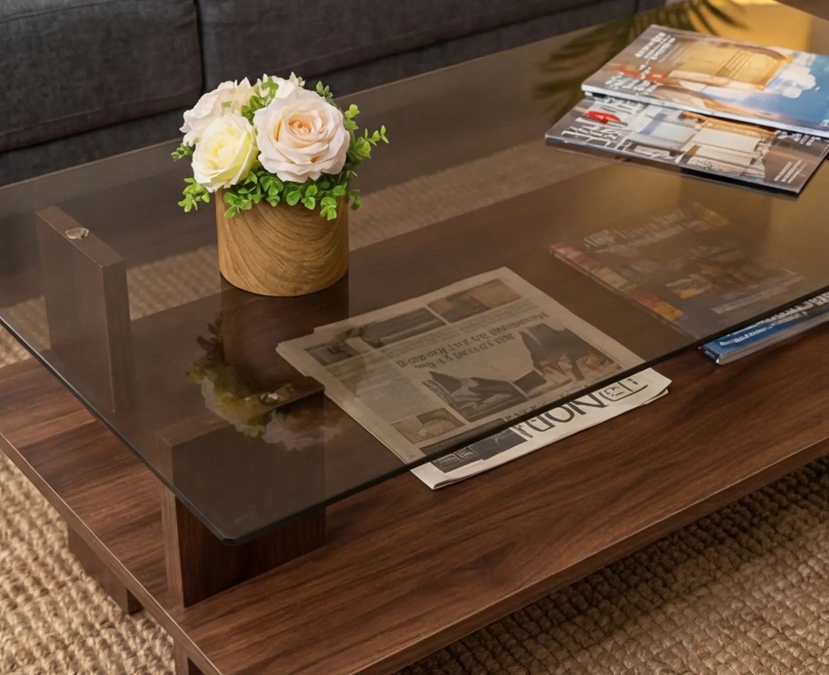 BAYTONA MX150 Modern Tempered Glass Coffee Table with Wood Base & Storage Shelf Baytona
