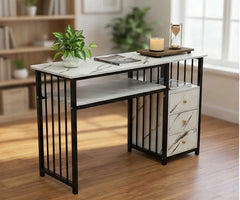 BAYTONA MX120 Modern White Marble Writing Desk with Storage Drawers & Black Metal Frame Baytona