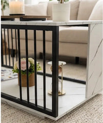 BAYTONA MX054 Modern White Marble Coffee Table with Open Storage Shelf & Black Metal Accents Baytona