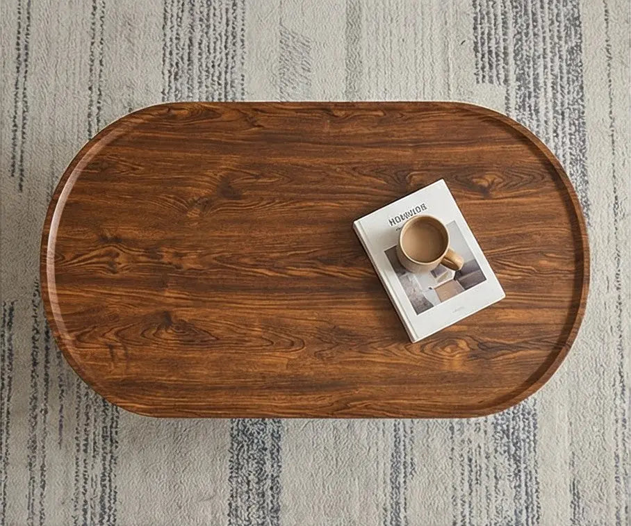 BAYTONA MX110 Modern Oval Walnut Coffee Table with Lower Storage Shelf – Black Metal Legs Baytona