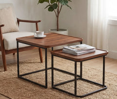 BAYTONA MX109 Modern Walnut Nesting Coffee Table Set – Walnut Veneer Tops & Black Metal Frame Baytona