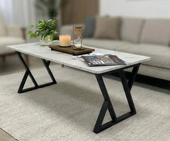BAYTONA MX124 Modern White Marble Coffee Table with Geometric Black Metal Legs Baytona
