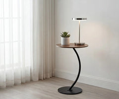 BAYTONA MX089 Modern Walnut Finish Round Side Table with Curved Black Metal Frame Baytona