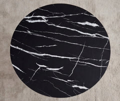 BAYTONA CF005 Modern Round Black Marble-Look Coffee Table with Gold Geometric Metal Base – Luxury Living Room Centerpiece Baytona