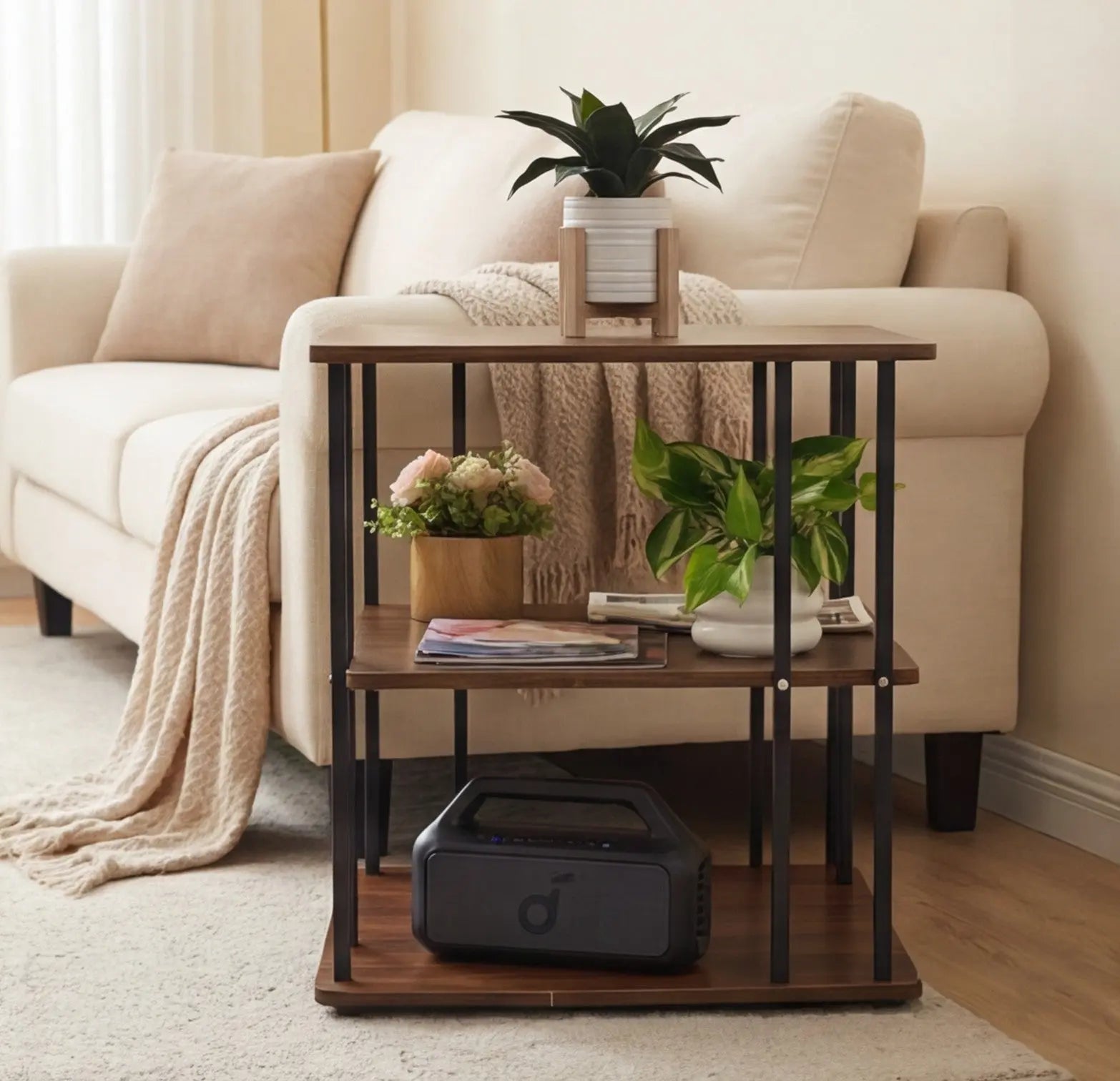 BAYTONA MX107 Three-Tier Dark Walnut Finish Side Table with Black Metal Frame – Multi-Level Storage Organizer Baytona