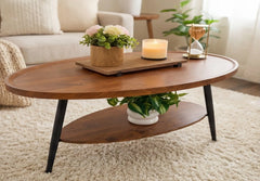 Wooden coffee table with decorative items in a living room setting