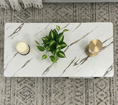 BAYTONA MX025 Modern White Marble Coffee Table with Black Metal Frame & Lower Storage Shelf Baytona