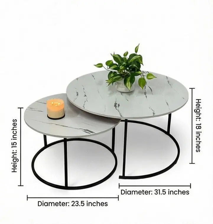 BAYTONA MX118 2-Piece Modern White Marble Look Nesting Coffee Table Set with Black Metal Base Baytona