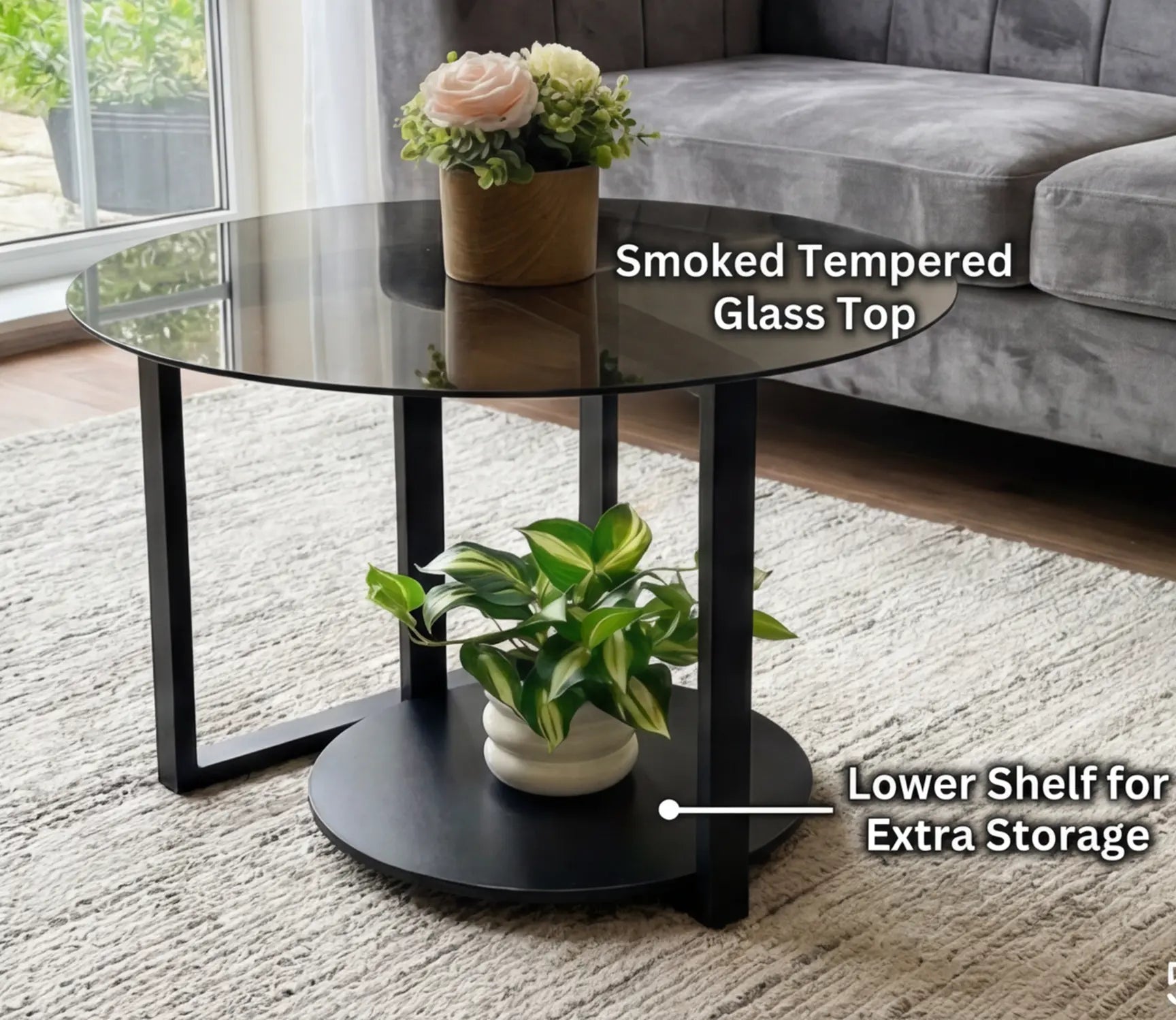 BAYTONA MX131 Modern Round Smoked-Glass Coffee Table with Storage Shelf – Black Metal Base Baytona