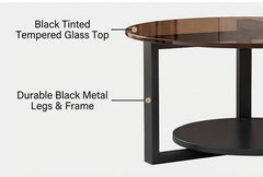 BAYTONA MX131 Modern Round Smoked-Glass Coffee Table with Storage Shelf – Black Metal Base