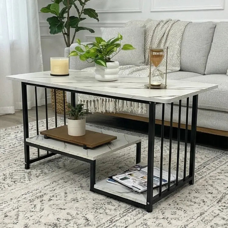 BAYTONA MX025 Modern White Marble Coffee Table with Black Metal Frame & Lower Storage Shelf Baytona