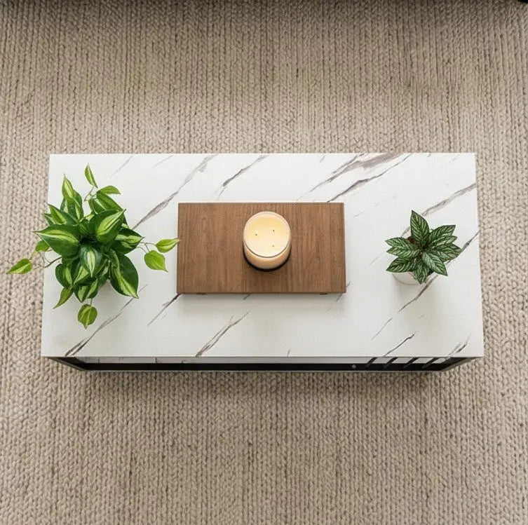 BAYTONA MX054 Modern White Marble Coffee Table with Open Storage Shelf & Black Metal Accents Baytona