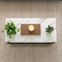 BAYTONA MX054 Modern White Marble Coffee Table with Open Storage Shelf & Black Metal Accents Baytona