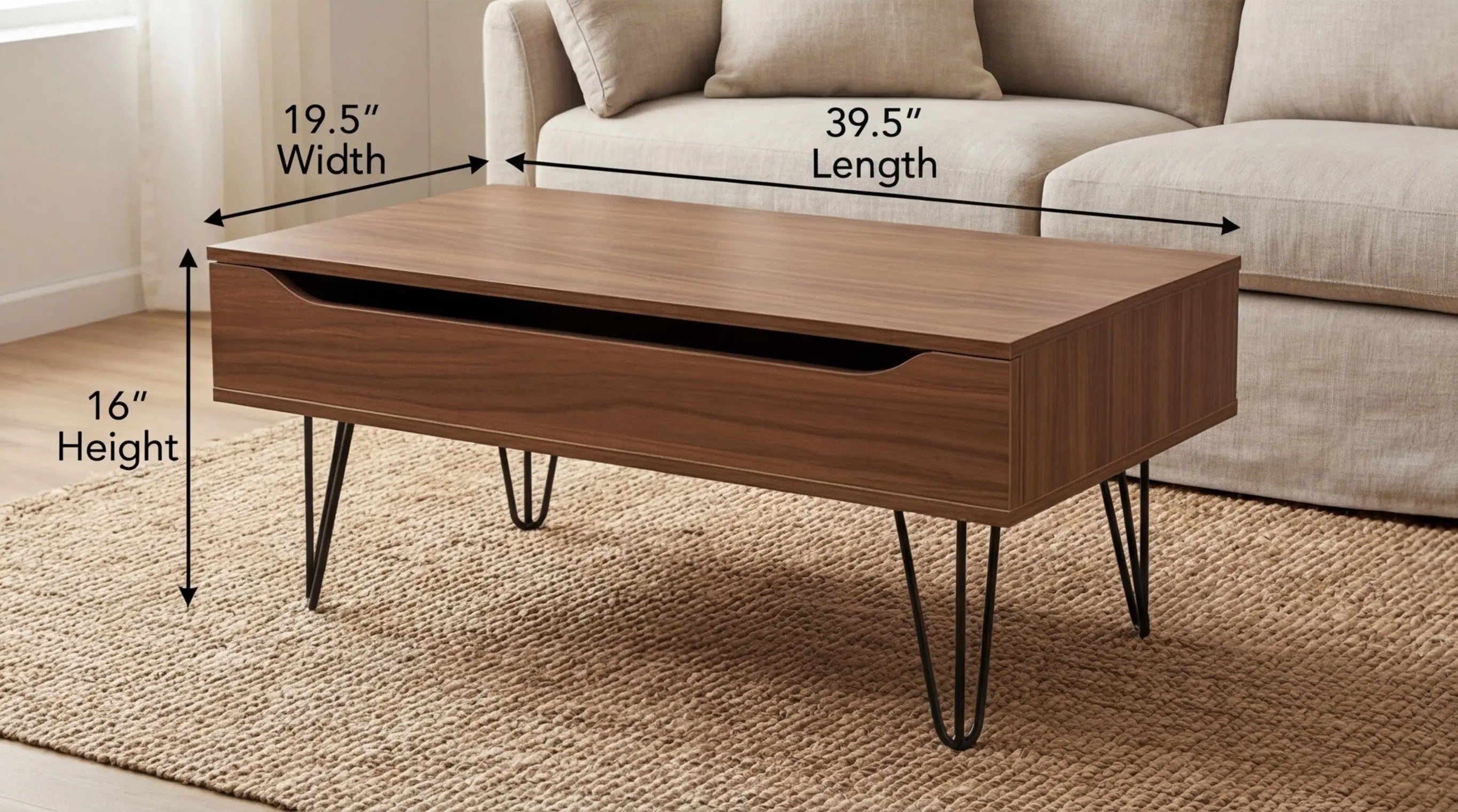 Wooden coffee table with measurements in a living room setting