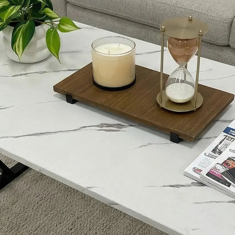 BAYTONA MX124 Modern White Marble Coffee Table with Geometric Black Metal Legs Baytona