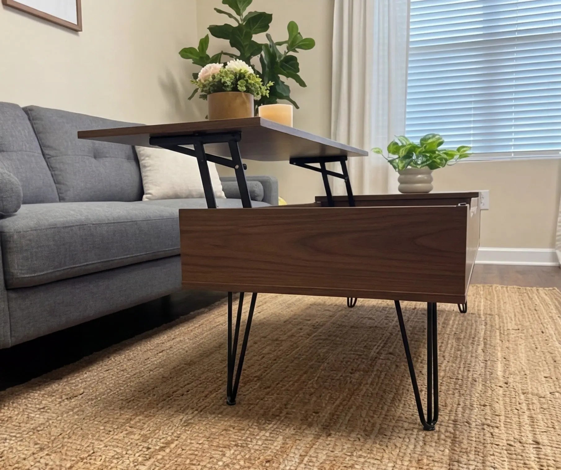 BAYTONA MX101 DUAL Modern Lift-Top Coffee Table with Hidden Storage & Hairpin Legs – Walnut Wood Finish Baytona