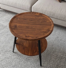 BAYTONA MX092 Round Walnut Finish Two-Tier Side Table with Tray Top & Metal Frame Baytona