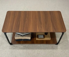 BAYTONA CF004 Modern Walnut Coffee Table with Black Metal Frame & Two-Tier Storage Baytona