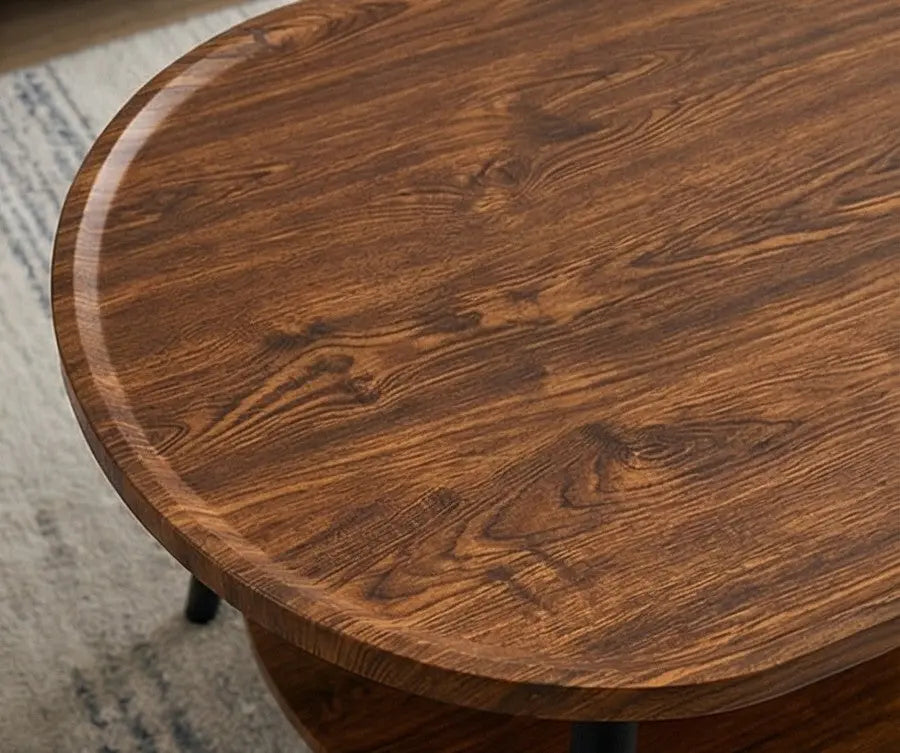 BAYTONA MX110 Modern Oval Walnut Coffee Table with Lower Storage Shelf – Black Metal Legs Baytona